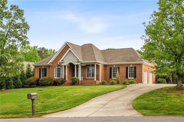 view of front of house featuring concrete driveway, brick siding, a garage, and a front lawn