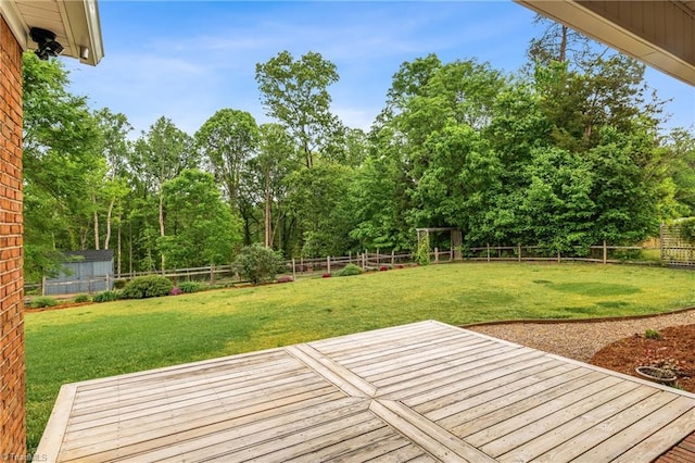 deck with a fenced backyard and a lawn