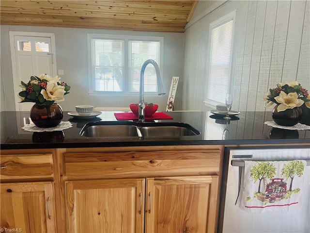 kitchen featuring dark countertops, wood ceiling, dishwasher, and a sink