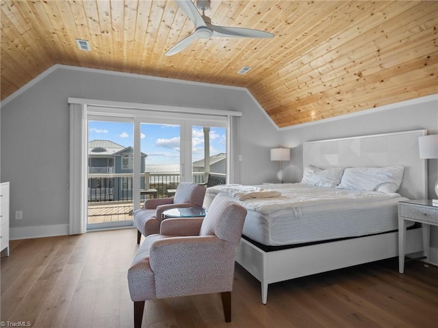 bedroom featuring hardwood / wood-style flooring, vaulted ceiling, ceiling fan, and wood ceiling