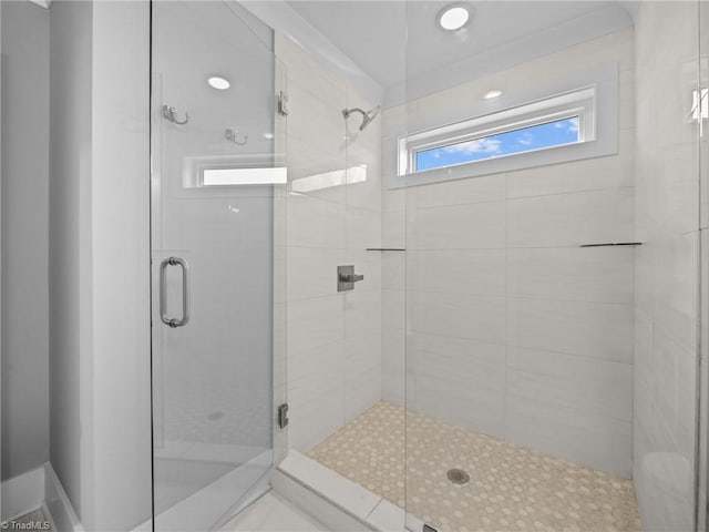 bathroom featuring a shower with door