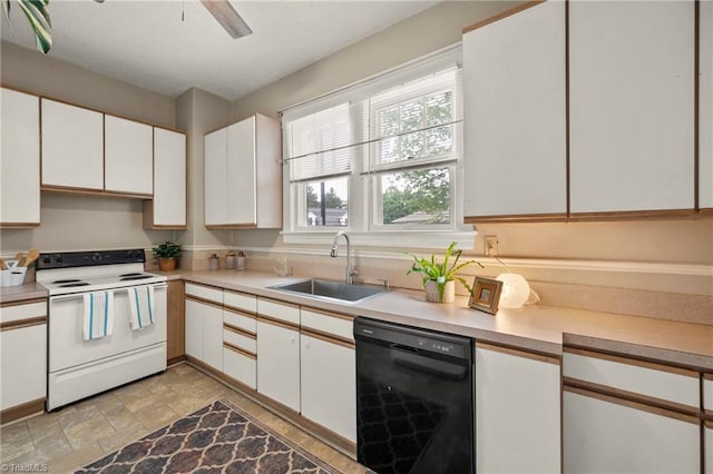 kitchen featuring white range with electric stovetop, black dishwasher, a sink, white cabinetry, and light countertops