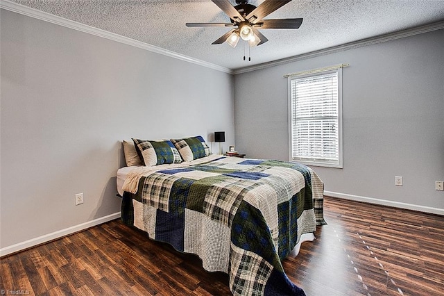 bedroom with ceiling fan, dark hardwood / wood-style flooring, a textured ceiling, and ornamental molding