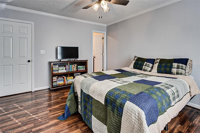 bedroom with ceiling fan, dark hardwood / wood-style flooring, crown molding, and a textured ceiling