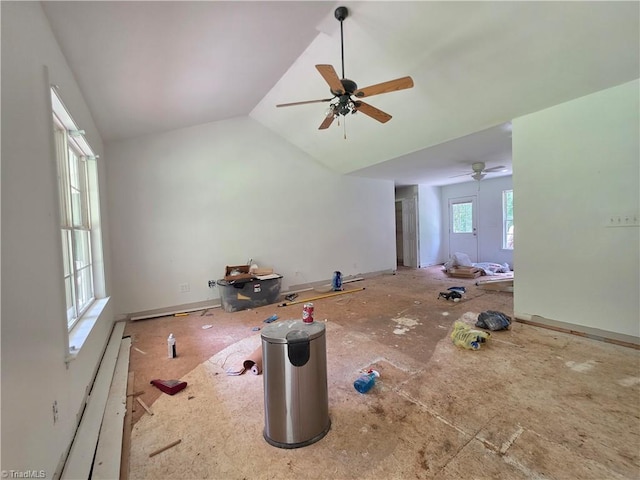 4812 Country Meadows Dr, Julian, NC 27283 - unfurnished living room featuring ceiling fan, baseboard heating, and lofted ceiling