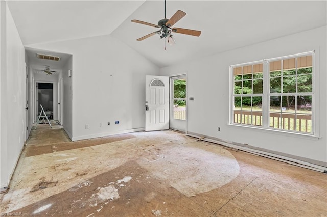 4812 Country Meadows Dr, Julian, NC 27283 - empty room featuring ceiling fan, lofted ceiling, and baseboards