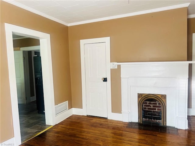 322 E Independence Blvd, Mount Airy, NC 27030 - unfurnished living room with wood finished floors, crown molding, and a fireplace