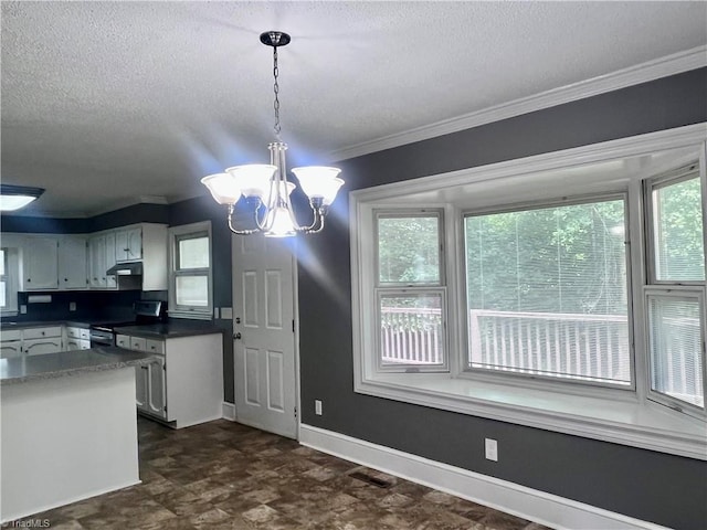5608 Fred Lineberry Rd, Randleman, NC 27317 - kitchen with electric range, under cabinet range hood, a textured ceiling, a chandelier, and ornamental molding