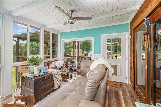 sunroom / solarium featuring ceiling fan and beam ceiling