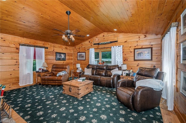 living room with vaulted ceiling, wooden walls, and wood ceiling