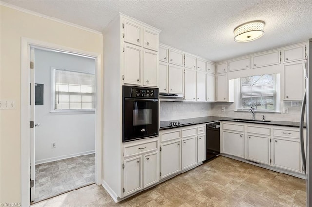 kitchen with white cabinetry, sink, and black appliances