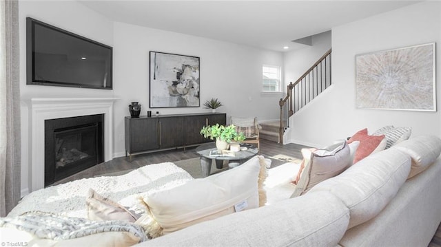 living room featuring dark wood-type flooring