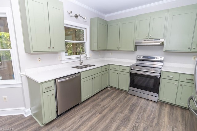 kitchen with appliances with stainless steel finishes, a sink, dark wood-style floors, green cabinetry, and under cabinet range hood