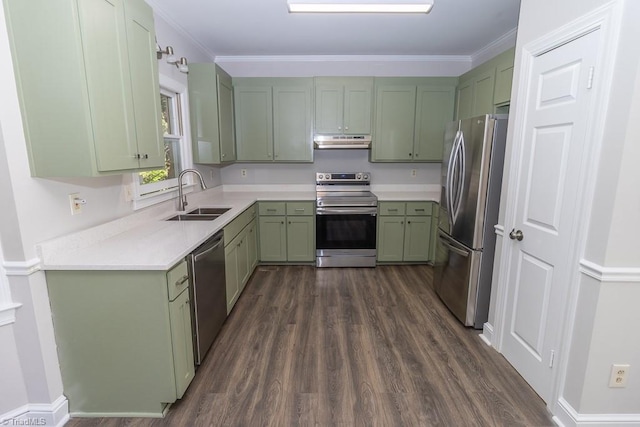 kitchen featuring a sink, green cabinetry, stainless steel appliances, and under cabinet range hood