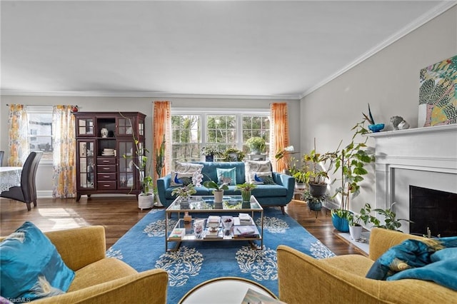 living room featuring ornamental molding, wood finished floors, and a wealth of natural light