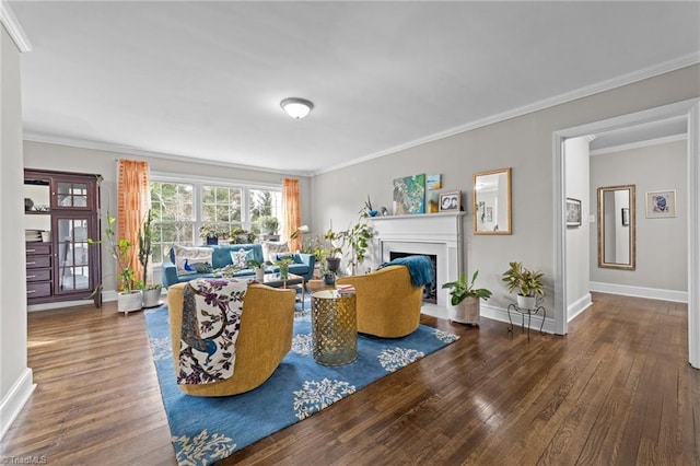 living room featuring a fireplace, baseboards, and wood finished floors