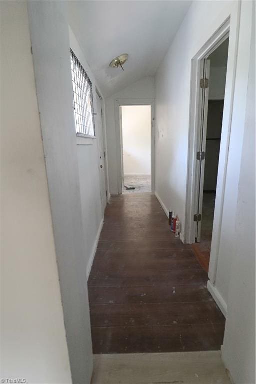 corridor with lofted ceiling and dark hardwood / wood-style floors