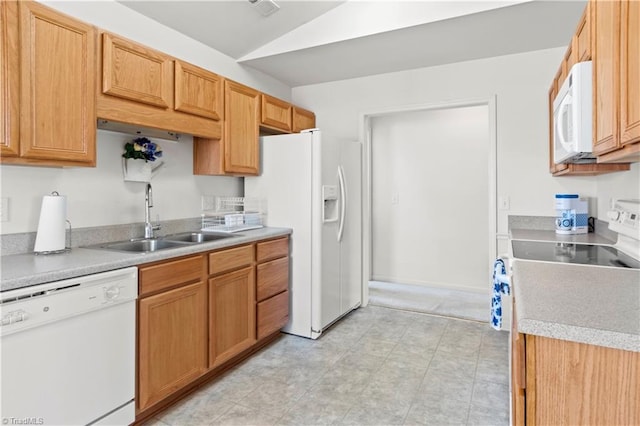 3207 Stavanger Ct, Winston-Salem, NC 27127 - kitchen with white appliances, lofted ceiling, and light countertops