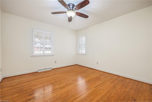 unfurnished room featuring a ceiling fan, visible vents, light wood-style floors, and baseboards