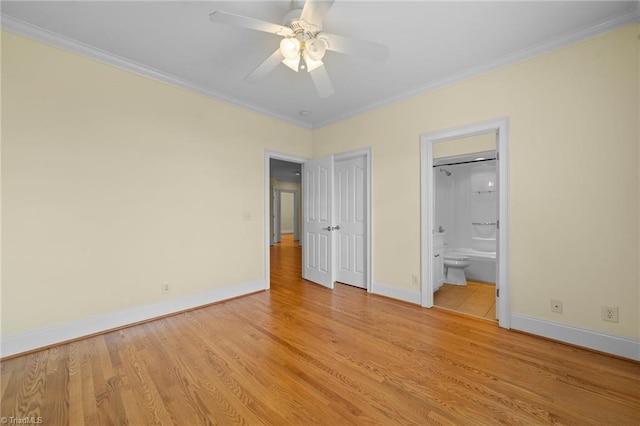 1010 Mill Pointe Way, Elon, NC 27244 - unfurnished bedroom with crown molding, light wood-style flooring, ensuite bathroom, and a ceiling fan
