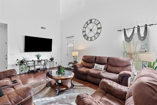 living room featuring dark wood-type flooring and a high ceiling