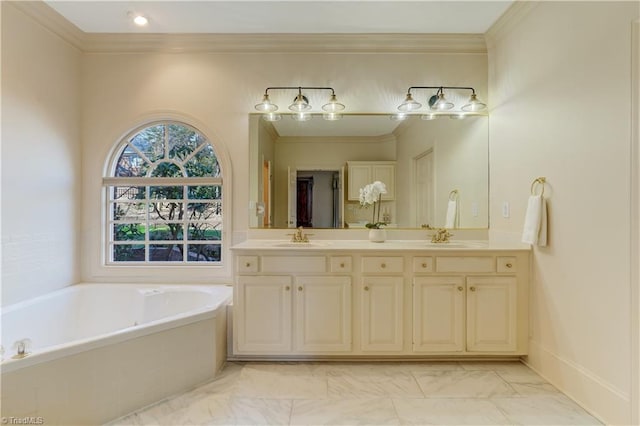 bathroom with a sink, marble finish floor, and ornamental molding