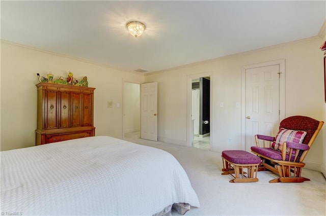 bedroom with light carpet, visible vents, crown molding, and baseboards