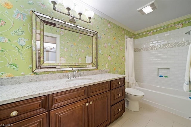 full bath featuring tile patterned flooring, crown molding, vanity, shower / bath combination with curtain, and toilet