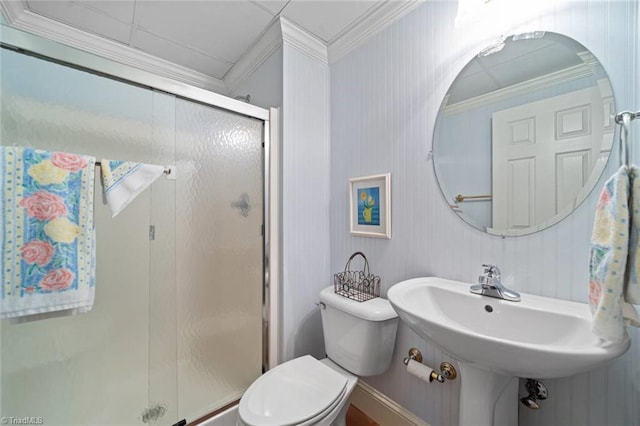 full bath with ornamental molding, a stall shower, and toilet