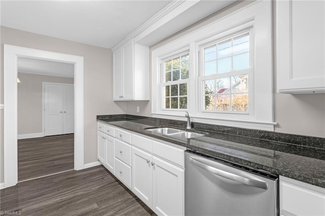 kitchen featuring sink, dark hardwood / wood-style flooring, stainless steel dishwasher, dark stone countertops, and white cabinets