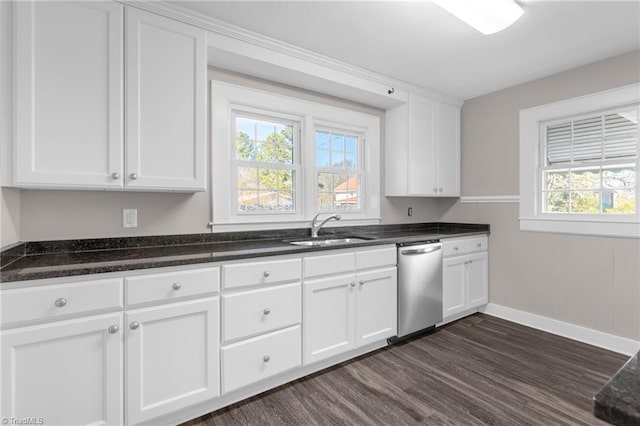 kitchen featuring stainless steel dishwasher, plenty of natural light, white cabinetry, and sink