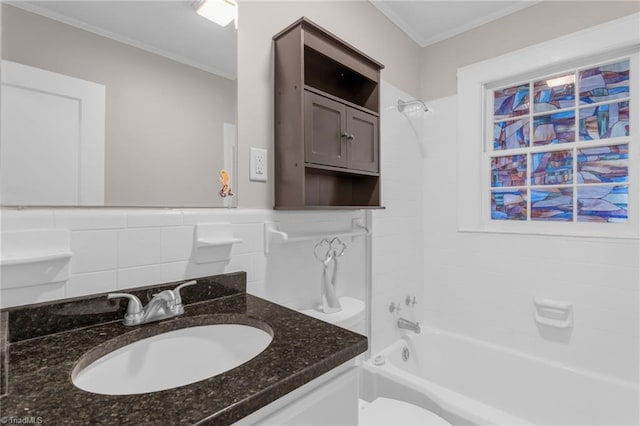 full bathroom with crown molding, vanity, shower / bathtub combination, and toilet