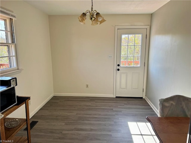 doorway to outside with a chandelier, dark hardwood / wood-style floors, and a healthy amount of sunlight