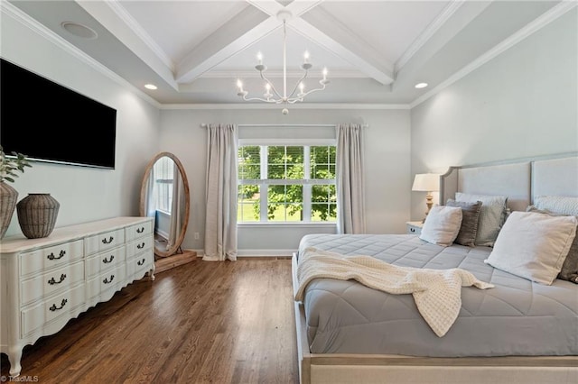 3922 Tam O Shanter Rd, Kernersville, NC 27284 - bedroom featuring a chandelier, beam ceiling, dark wood-type flooring, recessed lighting, and ornamental molding