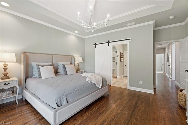 3922 Tam O Shanter Rd, Kernersville, NC 27284 - bedroom with a barn door, wood finished floors, ornamental molding, a chandelier, and recessed lighting