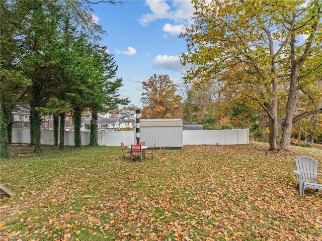 view of yard with a storage shed