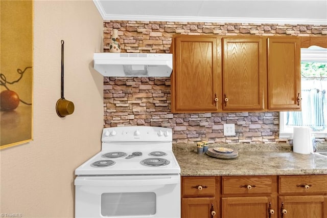 109 Easy St, Providence, NC 27315 - kitchen with white electric stove, under cabinet range hood, ornamental molding, light stone counters, and brown cabinetry