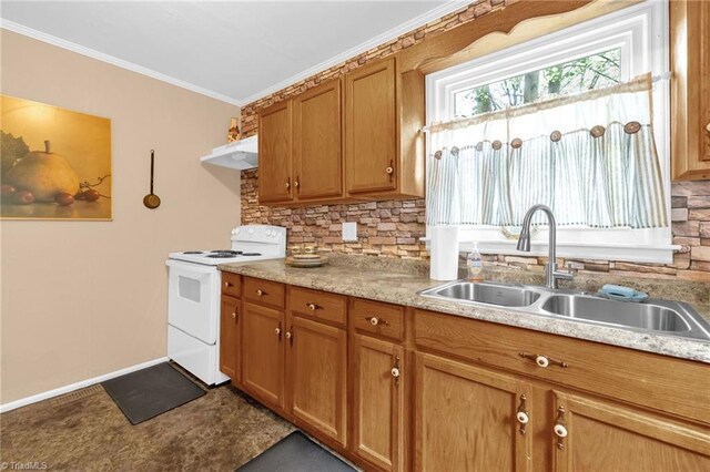 109 Easy St, Providence, NC 27315 - kitchen with white electric range oven, a sink, under cabinet range hood, decorative backsplash, and ornamental molding