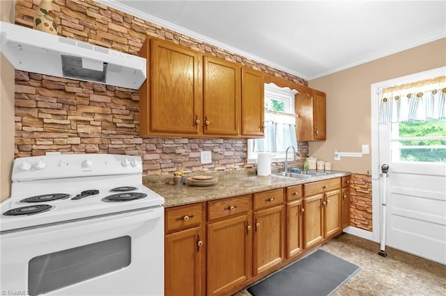 109 Easy St, Providence, NC 27315 - kitchen with electric range, a sink, under cabinet range hood, ornamental molding, and tasteful backsplash