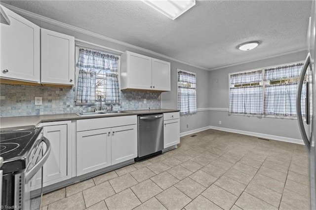 kitchen featuring tasteful backsplash, sink, stainless steel appliances, and white cabinets