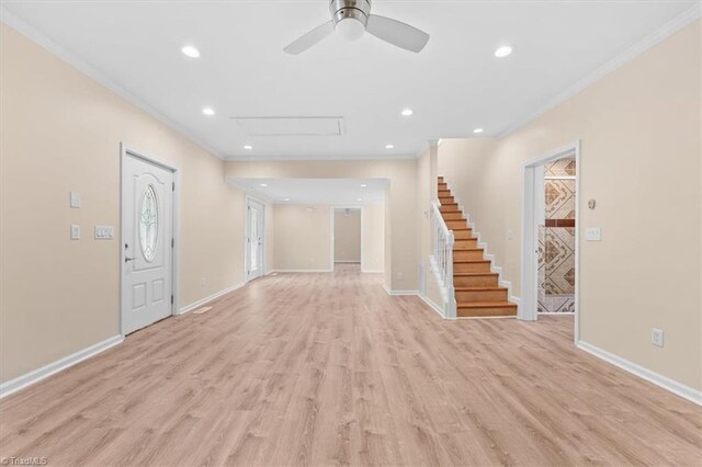 649 W Main St, Franklinville, NC 27248 - foyer featuring ornamental molding, ceiling fan, light wood-style flooring, baseboards, and stairs
