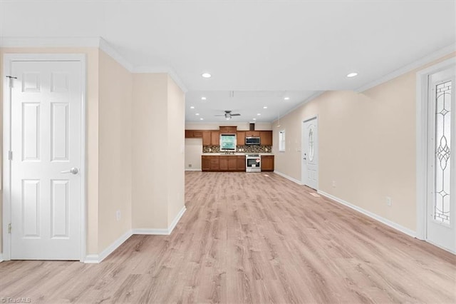 649 W Main St, Franklinville, NC 27248 - unfurnished living room featuring baseboards, light wood finished floors, recessed lighting, ornamental molding, and ceiling fan