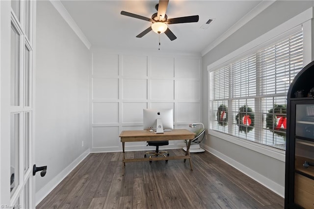 office space with ceiling fan, dark hardwood / wood-style flooring, and ornamental molding