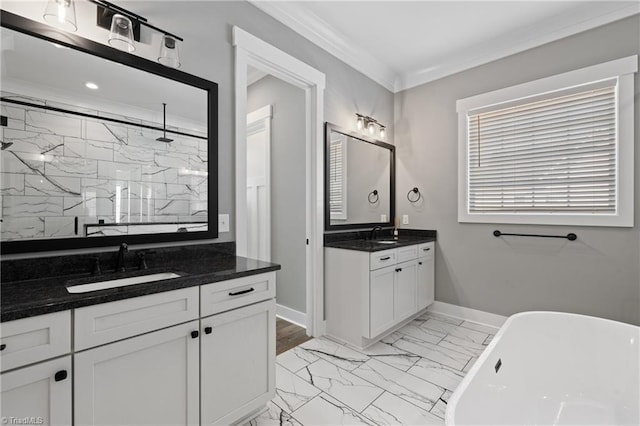 bathroom featuring vanity, independent shower and bath, and crown molding