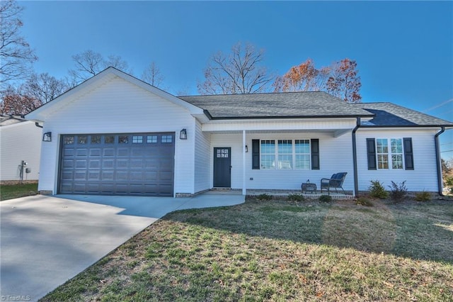 single story home with a front yard, a garage, and covered porch