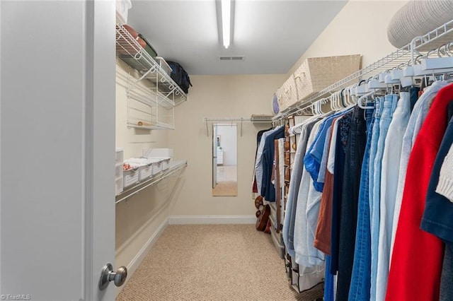 spacious closet featuring visible vents and carpet floors