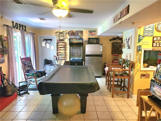 playroom with ceiling fan, light tile patterned floors, crown molding, and billiards