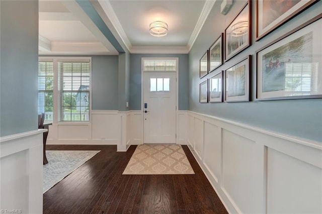 113 Crestbourne Ct, Stokesdale, NC 27357 - entryway with wainscoting, ornamental molding, a decorative wall, and dark wood finished floors