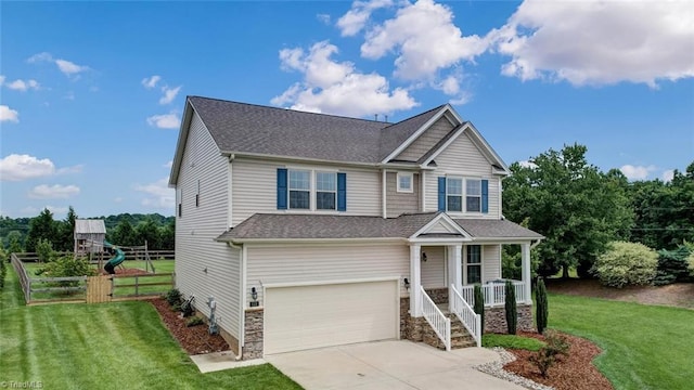 113 Crestbourne Ct, Stokesdale, NC 27357 - craftsman house featuring an attached garage, covered porch, concrete driveway, and roof with shingles