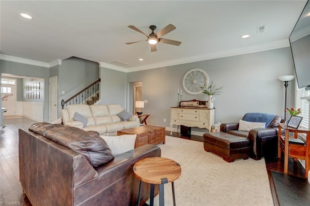113 Crestbourne Ct, Stokesdale, NC 27357 - living room featuring a ceiling fan, wood finished floors, crown molding, stairs, and recessed lighting